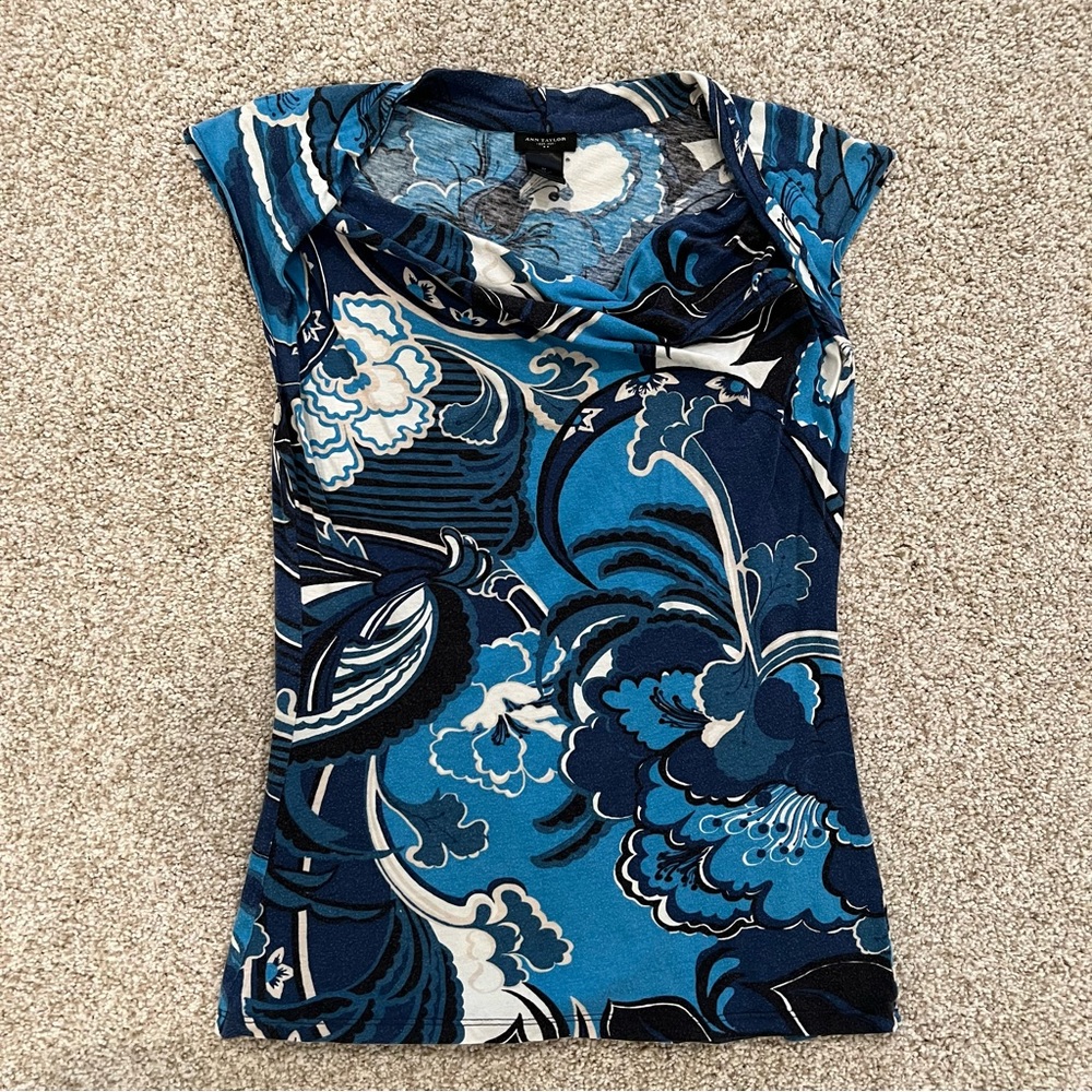 Blue abstract floral print Ann Taylor top